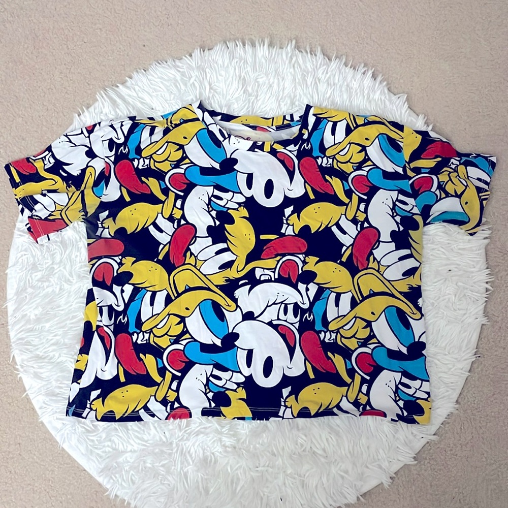 Disney All Over Print Mickey Donald Pluto and Goofy Cropped Tee